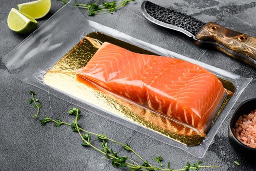 Fresh raw salmon fish steak in vacuum pack set, with herbs, on gray stone table background, with copy space for text