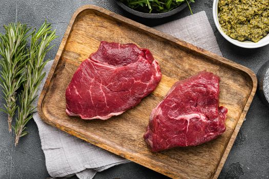 Fresh raw Beef meat Rump Steak set, on gray stone table background, top view flat lay