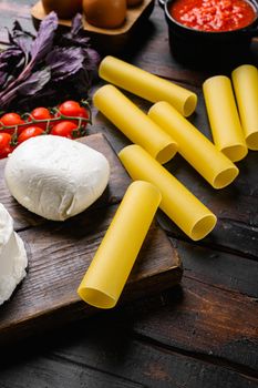 Cannelloni stuffed raw ingredients set, on old dark wooden table background