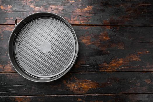 Empty Baking tray set, with copy space for text or food, with copy space for text or food, top view flat lay, on old dark wooden table background