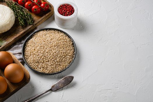 Healthy Organic Tofu and Rice Buddha Bowl ingredients set, on white stone table background, with copy space for text