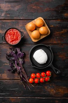 Mozzarella Italian cheese set, on old dark wooden table background, top view flat lay