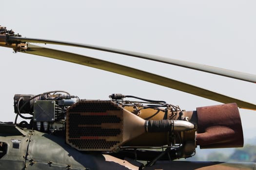 Alouette III helicopter's engine with air intake filter and blades close-up, South Africa