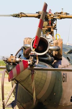 Military Alouette III helicopter tail rotor and blades close-up abstract, South Africa