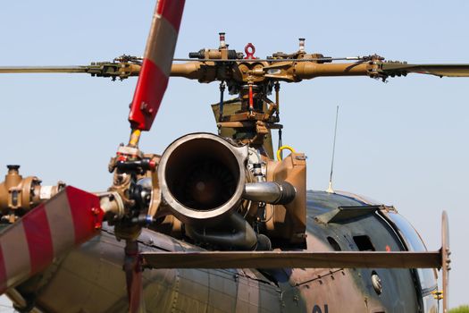 Military Alouette III helicopter engine exhaust and rotors abstract, South Africa