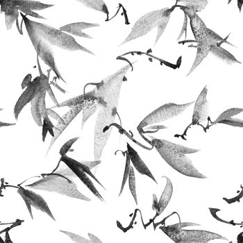 Seamless pattern with tree leaves on white background - watercolor and ink painting in sumi-e style