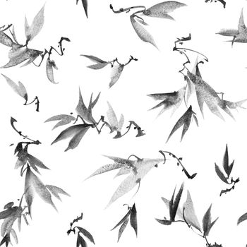 Seamless pattern with tree leaves on white background - watercolor and ink painting in sumi-e style