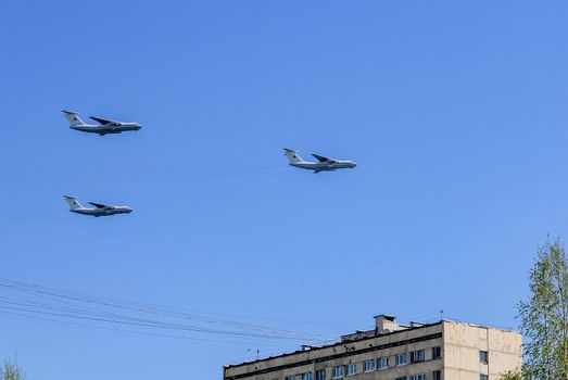 Russian planes fly to the military parade on Victory Day.