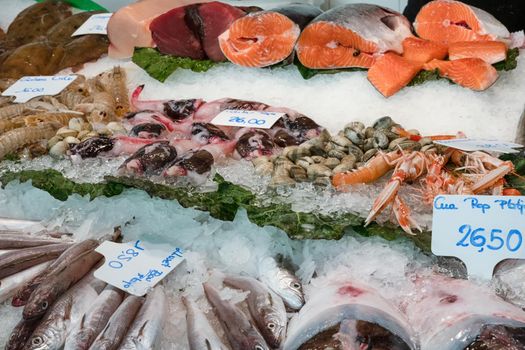 Fresh seafood and fish for sale seen at a market in Barcelona, Spain