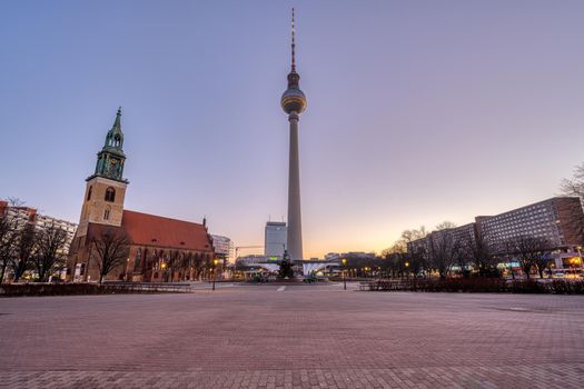 The famous Alexanderplatz in Berlin with no people before sunrise