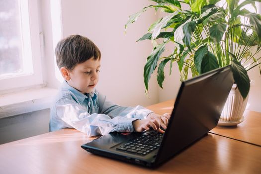 The boy is engaged in online education . Online training. Home schooling. A laptop. Child and technology. An article about the choice of education for a child. Article about home schooling online