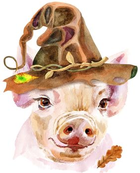 Cute piggy in Halloween hat. Pig for T-shirt graphics. Watercolor pink mini pig illustration