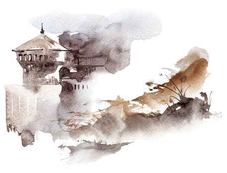 Watercolor landscape with a castle - modern style art