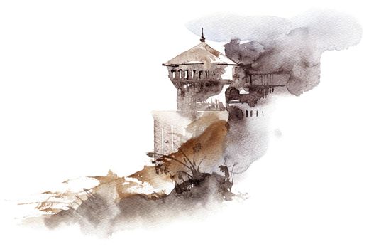 Watercolor landscape with a castle - modern style art