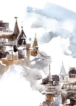 Watercolor landscape with a castle and cloudy sky