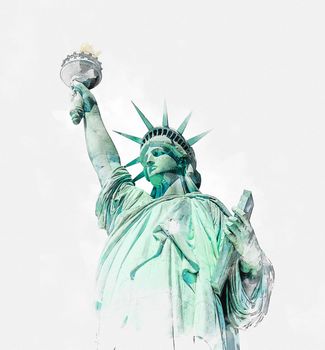 Watercolor painting illustration of Statue of Liberty on white background