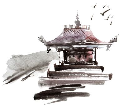 Watercolor and ink sketch of pagoda building - oriental traditional sumi-e painting