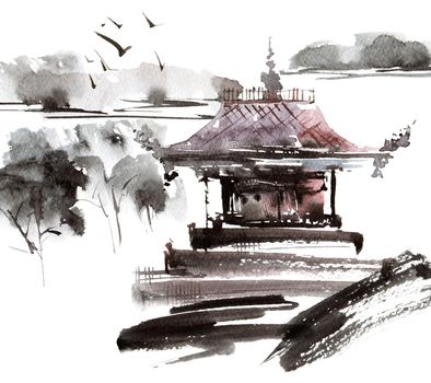 Watercolor and ink sketch of pagoda building in landscape - oriental traditional sumi-e painting