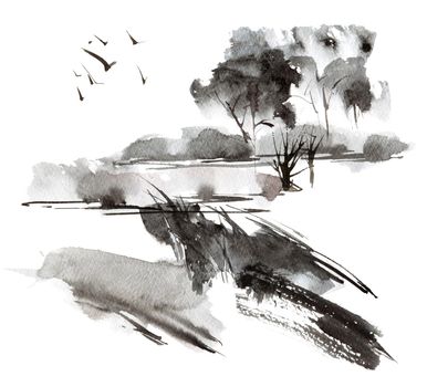 Watercolor and ink sketch of landscape - oriental traditional sumi-e painting
