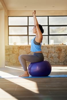 Shot of a young woman working out with an exercise ball at home.