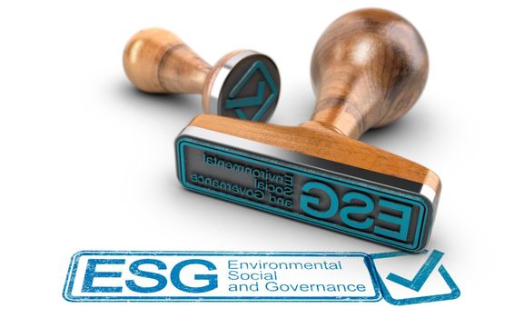 ESG, Environmental, Social and Governance printed in blue with two rubber stamps over white background. Corporate responsibility concept.