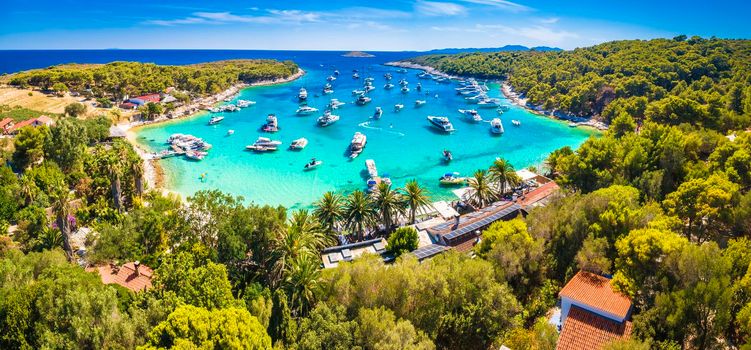 Aerial panoramic view of Palmizana, summer leisure sailing cove and turquoise beach on Pakleni Otoci islands, archipelago of Hvar in Croatia