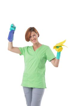 Portrait of professional cleaner woman with cleaning spray and rag isolated on white background