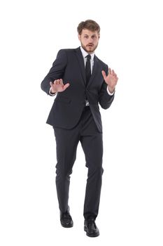 Handsome business man wearing suit and tie doing stop gesture with hands palms, angry and frustration expression isolated on white background