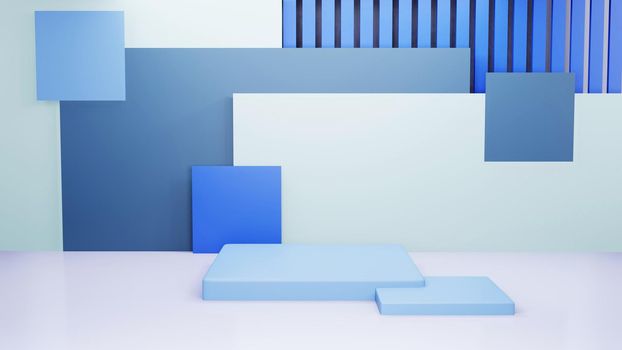 Abstract architectural background with white and blue boxes installation. 3d render illustration.