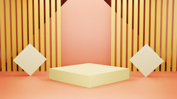 Yellow asia theme background with fabric podium for show products set or cosmetics beauty collection, 3d illustration.
