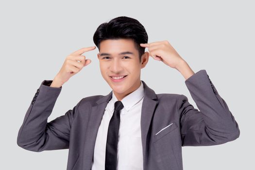 Portrait young asian business man in suit with smart thinking idea with intelligent isolated on white background, businessman standing and planning for success, manager or executive pointing head.