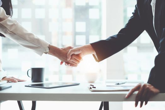 Business partnership meeting concept. Image business women handshake. Successful business people handshaking after good deal. Group support concept