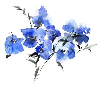 Watercolor illustration of blue flowers bouquet on white background. Oriental traditional sumi-e painting.