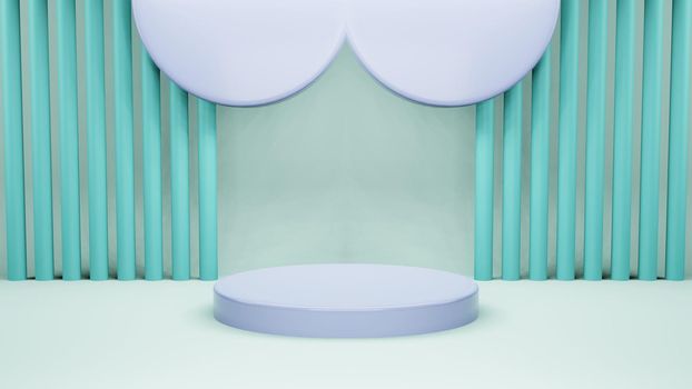 3D render illustration, Mock up podium for product presentation, pastel blue background, arc with curtains, Abstract composition in minimal design.
