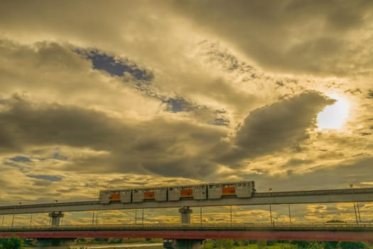 Sunset view and sunset with Tatehobabashi and Tama monorail. Shooting Location: Tachikawa City, Tokyo