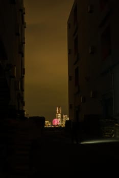 Night view of Yokohama Minato Mirai seen from between the buildings. Shooting Location: Yokohama-city kanagawa prefecture