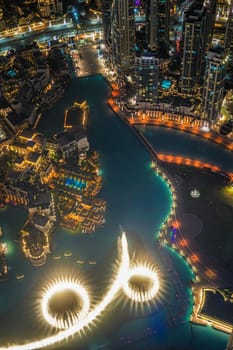 Night view of Dubai seen from the observation deck of Burj Huji. Shooting Location: Dubai