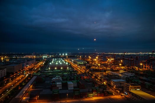 Night view of the container terminal of Tokyo Odaiba. Shooting Location: Tokyo metropolitan area