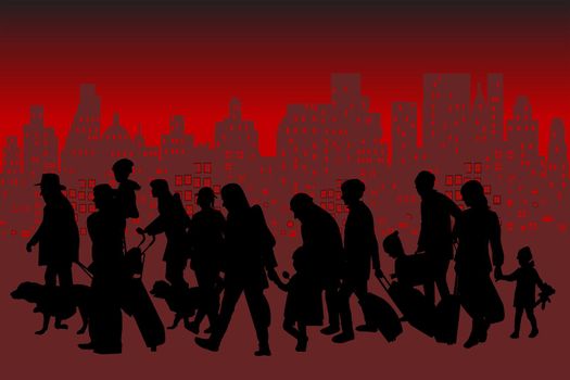 Silhouette of a group of refugees over bloody cityscape skyline