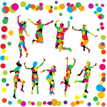 Silhouettes of men and women jumping with colorful dots pattern