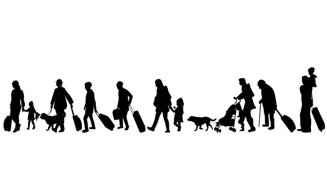 Silhouette of a group of refugee on white background