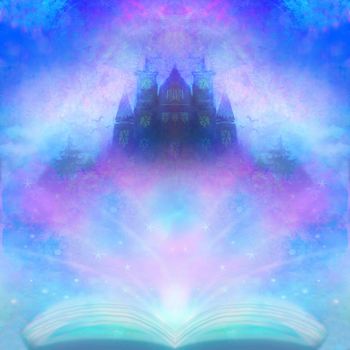 Magic world of tales, fairy castle appearing from the book