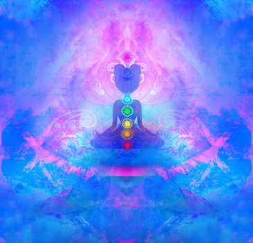 Yoga lotus pose. Padmasana with colored chakra points.