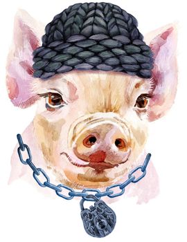 Cute piggy in black winter hat, with chain and lock. Pig for T-shirt graphics. Watercolor pink mini pig illustration