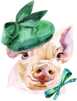 Cute piggy in in green hat and bow. Pig for T-shirt graphics. Watercolor pink mini pig illustration
