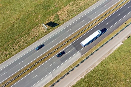 Aerial from a highway in the countryside from the Netherlands