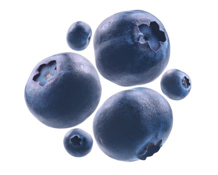 Ripe blueberries levitate on a white background.