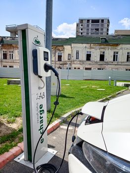 Electric car charging point, electrical car charging station in Bucharest, Romania, 2021