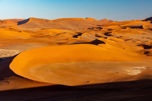 Arid dead sunrise landscape, near famous Dead Vlei in Namib desert, dune with morning sun, Namibia, Africa wilderness landscape