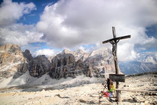 Dolomites, detail of the crucifix of the Tofane mountain group, a UNESCO World Heritage Site in Italy